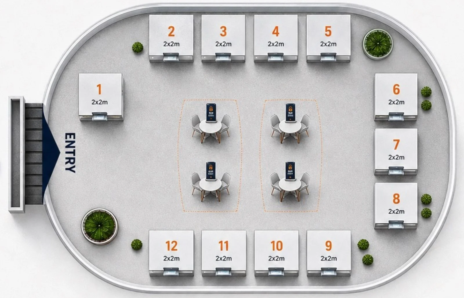 Modi Hall exhibition floor plan, enlarged.